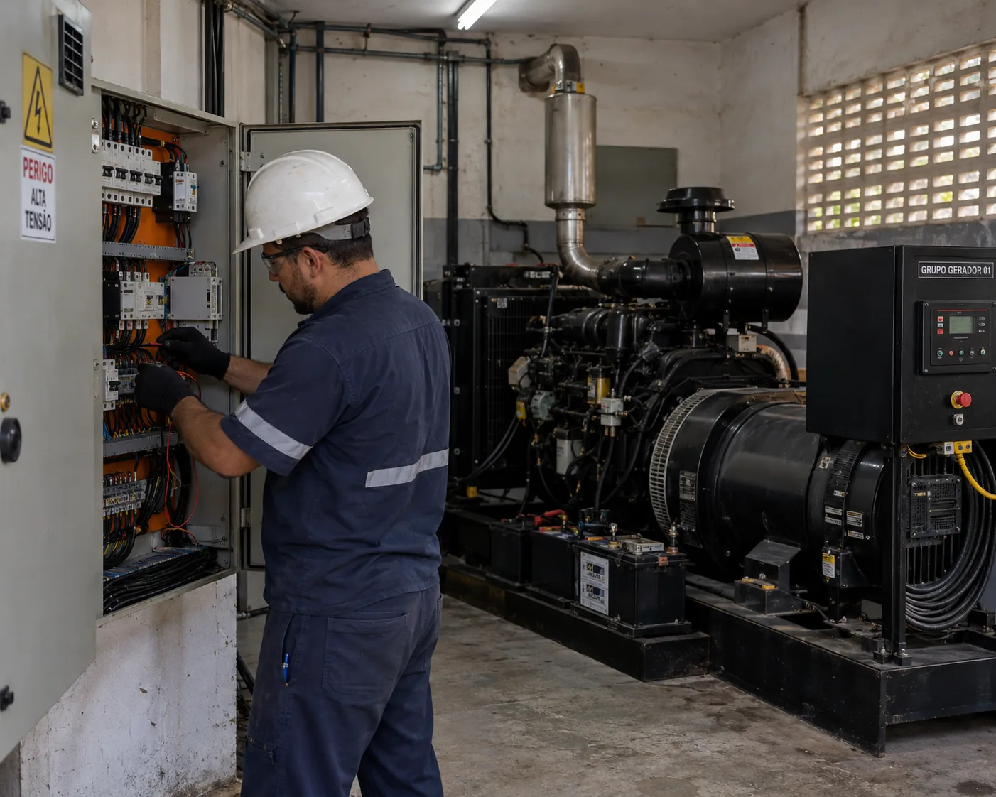 Técnico realizando manutenção em gerador